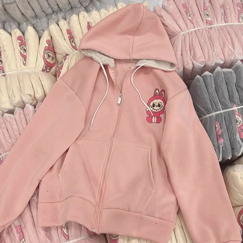Áo khoác nỉ in hình labubu có nón khoá kéo an534 unisex nam nữ 7