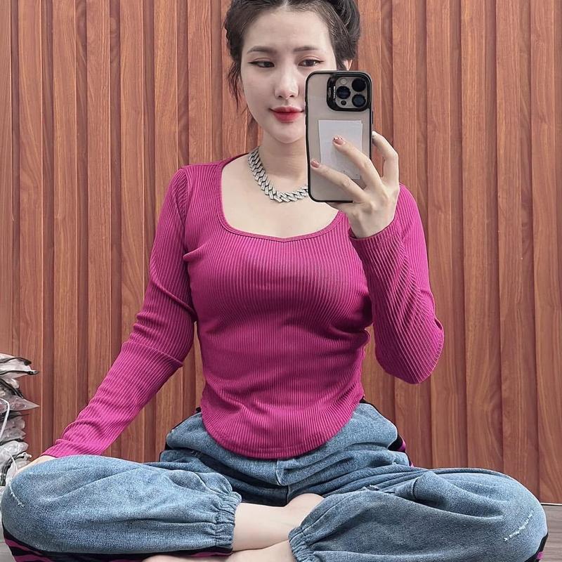 Set jean Áo Gân xin Tay dài cổ vuông quần dài bo chun chạy dây