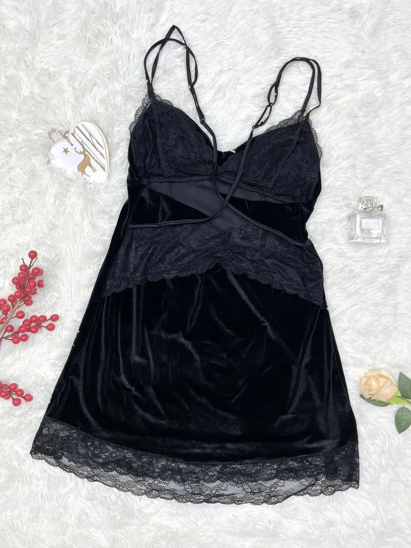 Product Introduction of Women's Contrast Lace Criss Cross PJ Cami Nightdress, Solid Spaghetti Strap Velvet Nightgown Nighties, Bride's Night Dress, Bride's Nightgowns & Sleepshirts, Women's Sleepwear & Loungewear 2