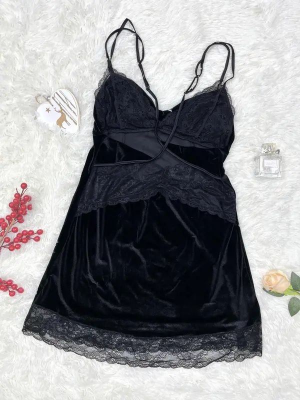 Women's Contrast Lace Criss Cross PJ Cami Nightdress, Solid Spaghetti Strap Velvet Nightgown Nighties, Bride's Night Dress, Bride's Nightgowns & Sleepshirts, Women's Sleepwear & Loungewear 1
