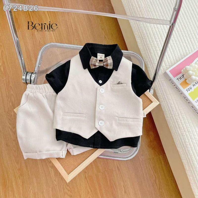 Bộ vest gile công tử bé trai ngắn tay phối gile kèm nơ thôi nôi sinh nhật 1 đến 7T BERNIE 0724B26