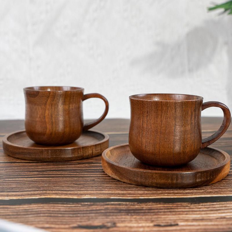 Wooden Handle Coffee Cup & Coasters Set, 2/4 Counts/set Vintage Tea Cup, Multi-purpose Drinking Cup for Home Office Use 3