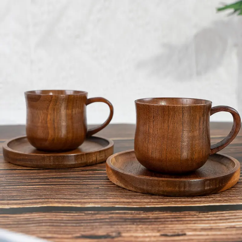 Wooden Handle Coffee Cup & Coasters Set, 2/4 Counts/set Vintage Tea Cup, Multi-purpose Drinking Cup for Home Office Use 3