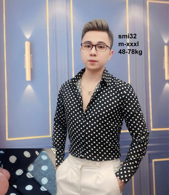Áo sơ mi nam đen chấm bi trắng