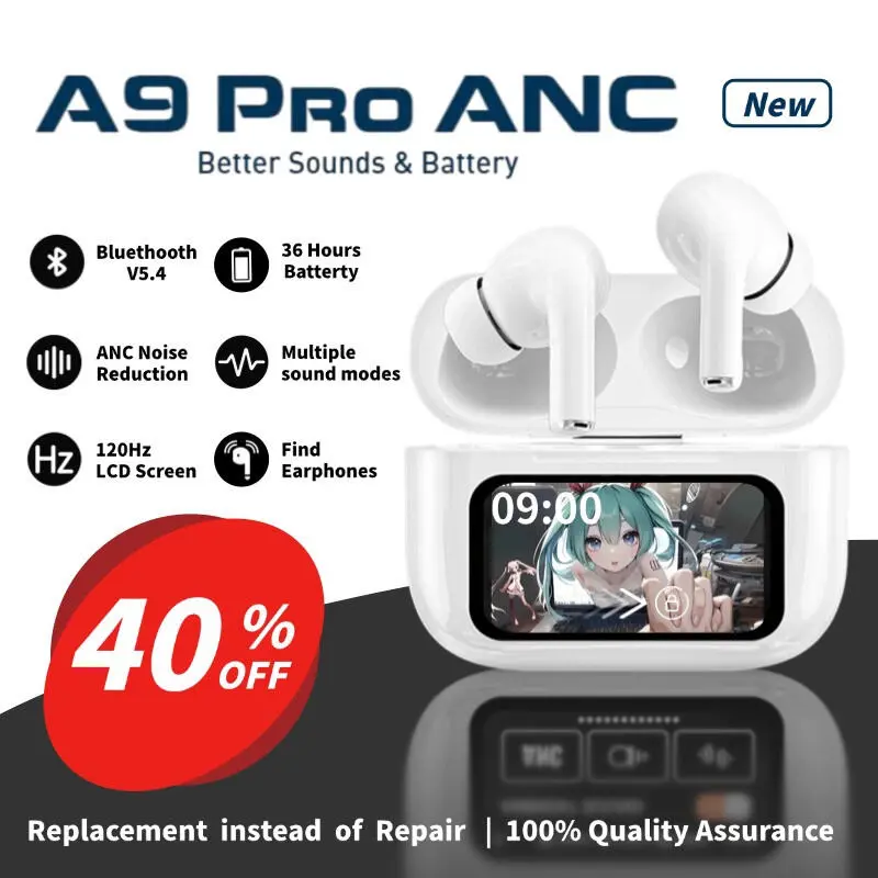 A9 PRO ANC Earbuds TWS Wireless Bluetooth 5.4 Headset ANC Noise Reduction Earphone LCD Touch Screen Control Waterproof Sports Headphone with Silicone Protective Case