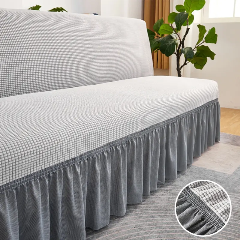 Bọc Giường Sofa, Jacquard Waffle Co Giãn, Màu Trơn Với Váy, Bọc Ghế Sofa Không Tay 3