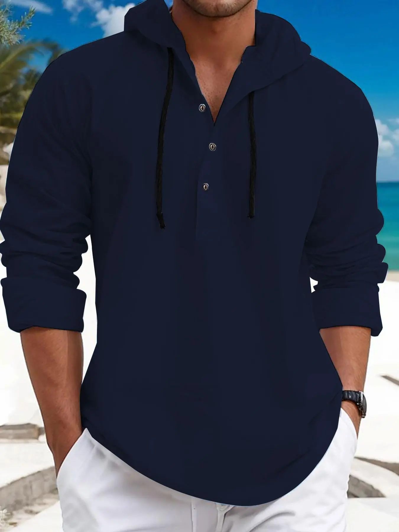 Men's Solid Half Button Hooded Sweatshirt, Casual Regular Fit Long Sleeve Drawstring Pullover for Spring & Fall, Fashion Men's Top for Daily Wear