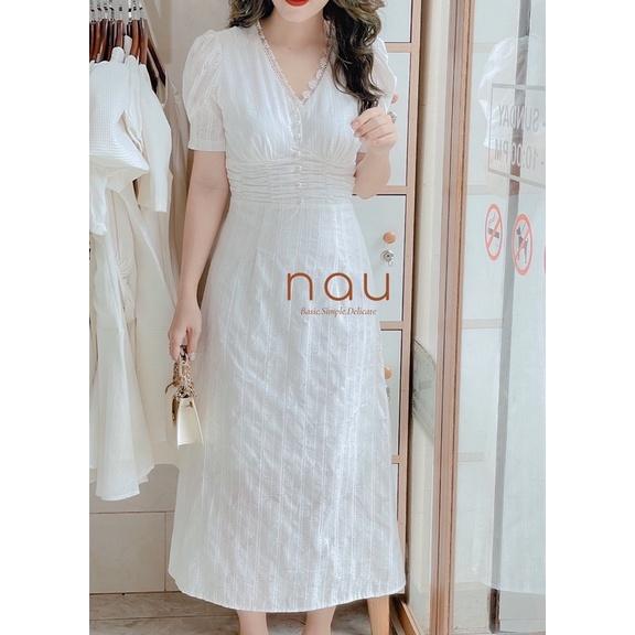 Đầm trắng xô cổ V viền ren dáng midi 