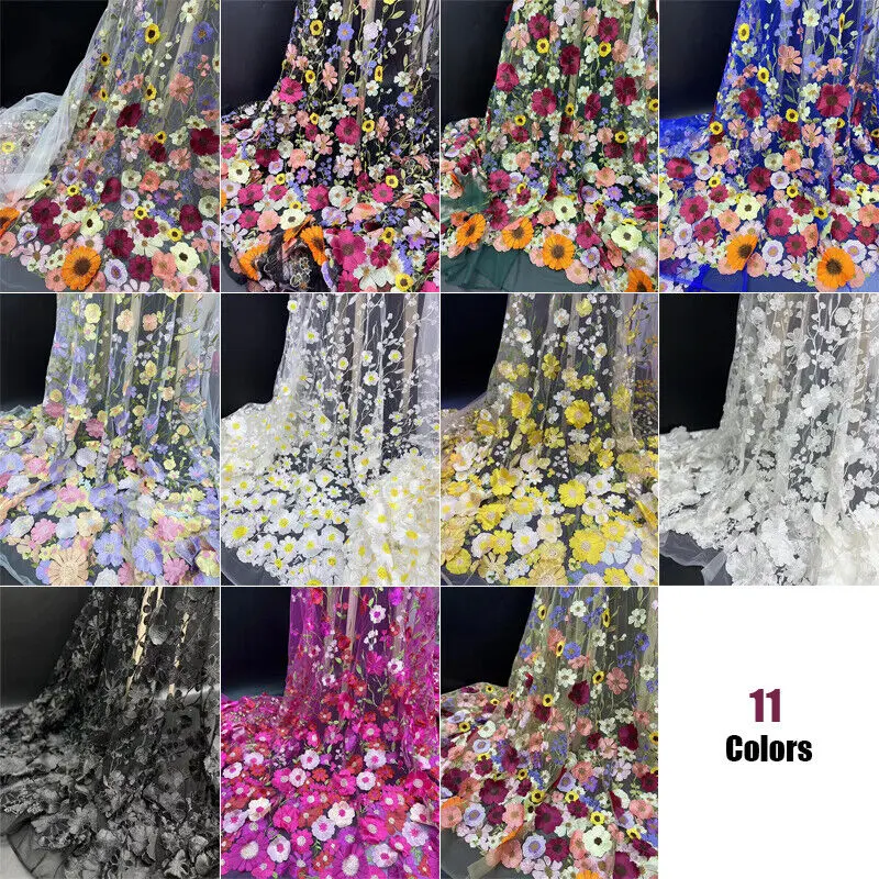 0.91x1.3m 3D Floral Embroidery Soft Mesh Lace Dress Fabric Craft Sunflower By Yard
