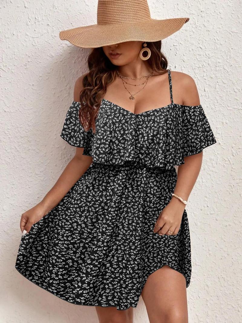 Product Introduction of 【Plus Size】 Ditsy Floral Print Cold Shoulder Dress, Boho Fashion Casual Dress for Daily Holiday Vacation Wear, Women Plus Clothing for Summer, Womenswear 6
