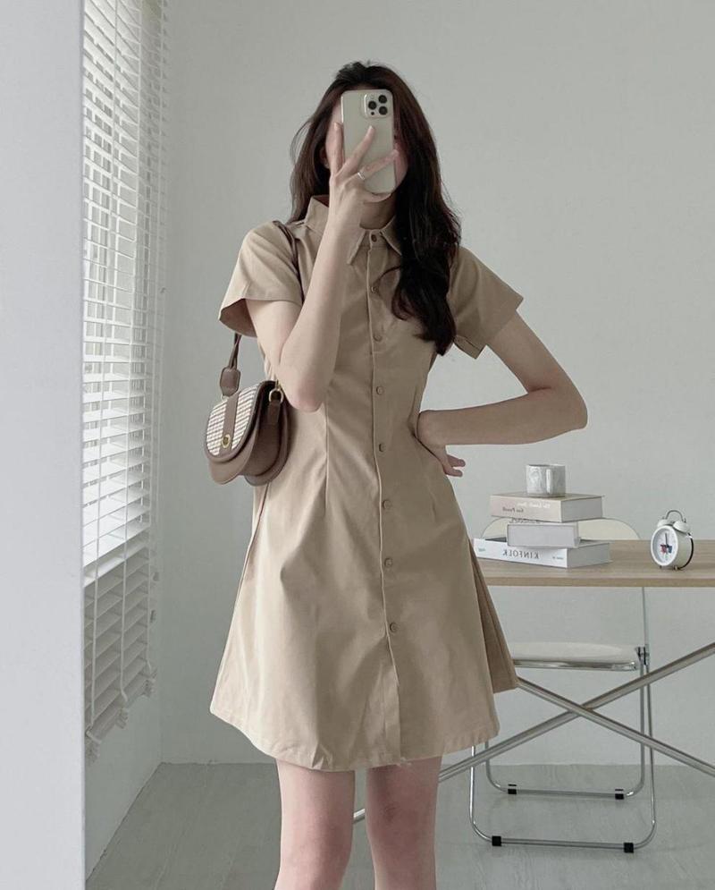 Product Introduction of Y#0925-03  Minimalist style lapel dress, Korean version summer single breasted, waist cinching short sleeved shirt dress, solid color dress Casual Womenswear Lingerie Gowns Basic Women Lady Casual Wear Comfort Dresse Button 3