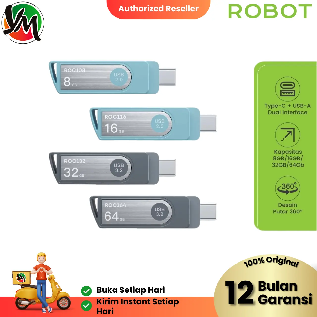 Flashdisk ROBOT ROC108/ROC116/ROC132/ROC164 8GB 16GB 32GB 64GB Dual OTG Interface USB and Type C Original