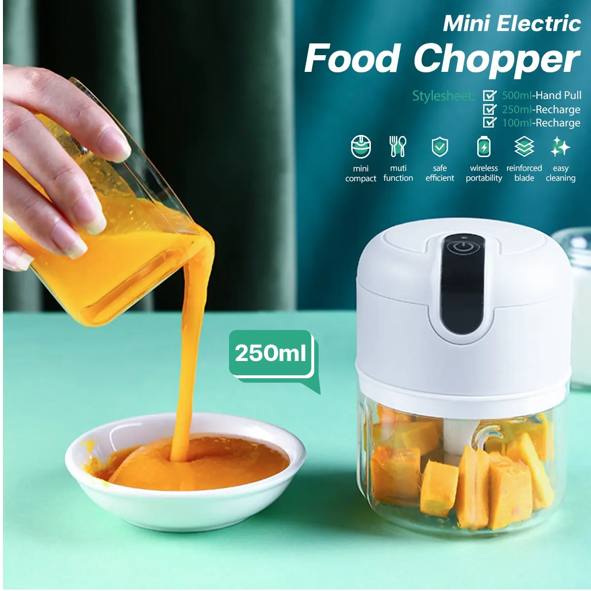 250ml Mini Food Blender Portable USB Rechargeable Food Processor Electric Garlic Chopper Wireless Meat Grinder Mini Fruit Juicer