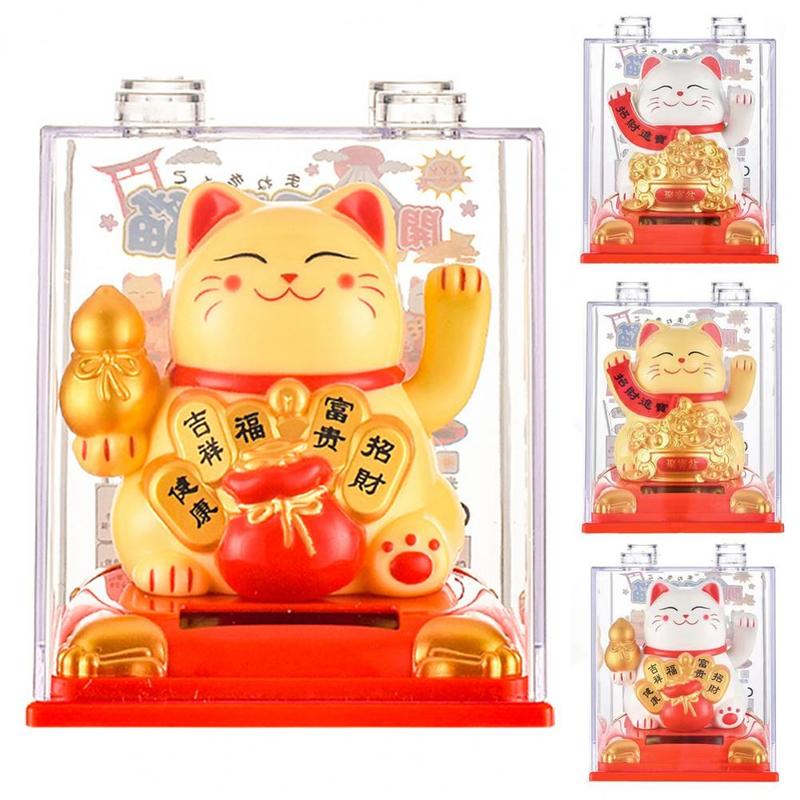 Mèo Thần Tài Ôm Hũ Vàng, Túi Vàng Vẫy Tay 9x8cm Dùng Pin Năng Lượng Mặt Trời