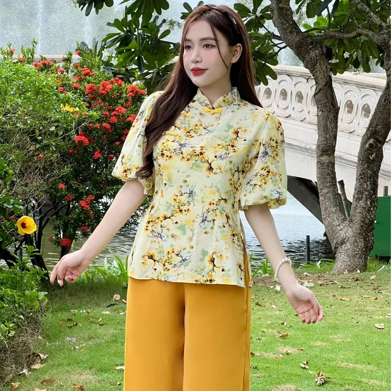 Đồ bộ bà ba nữ quần dài đồ bà ba nữ đồ bộ bà ba đi chùa ống rộng tay lỡ vải gấm - cn168 Áo Women 3