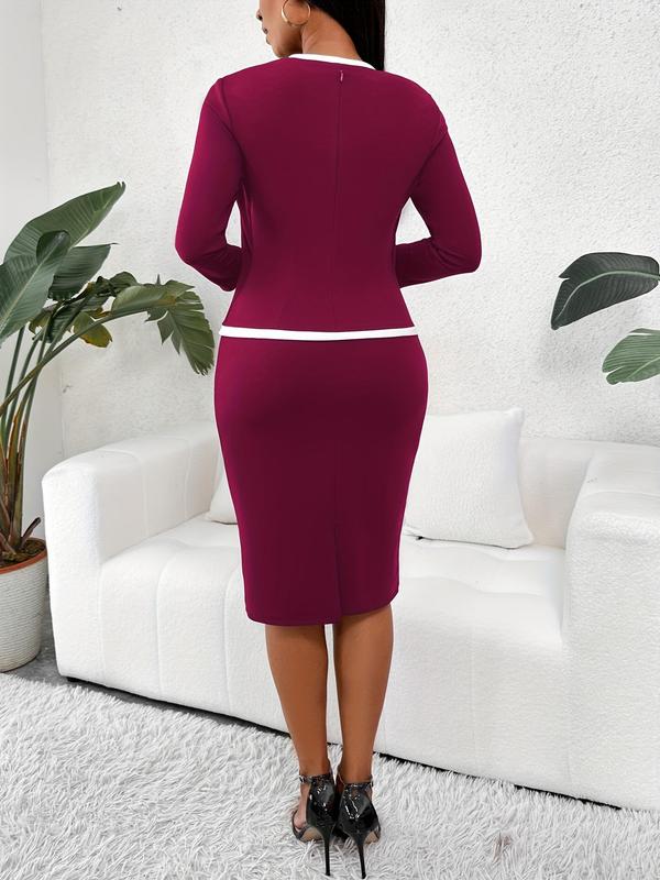 Women's 2 In 1 Colorblock Contrast Binding Square Neck Bodycon Dress, Formal Dresses, Comfort Womenswear, Elegant Knee Length Dress for Work Office Business, Ladies Spring & Fall Clothes 7