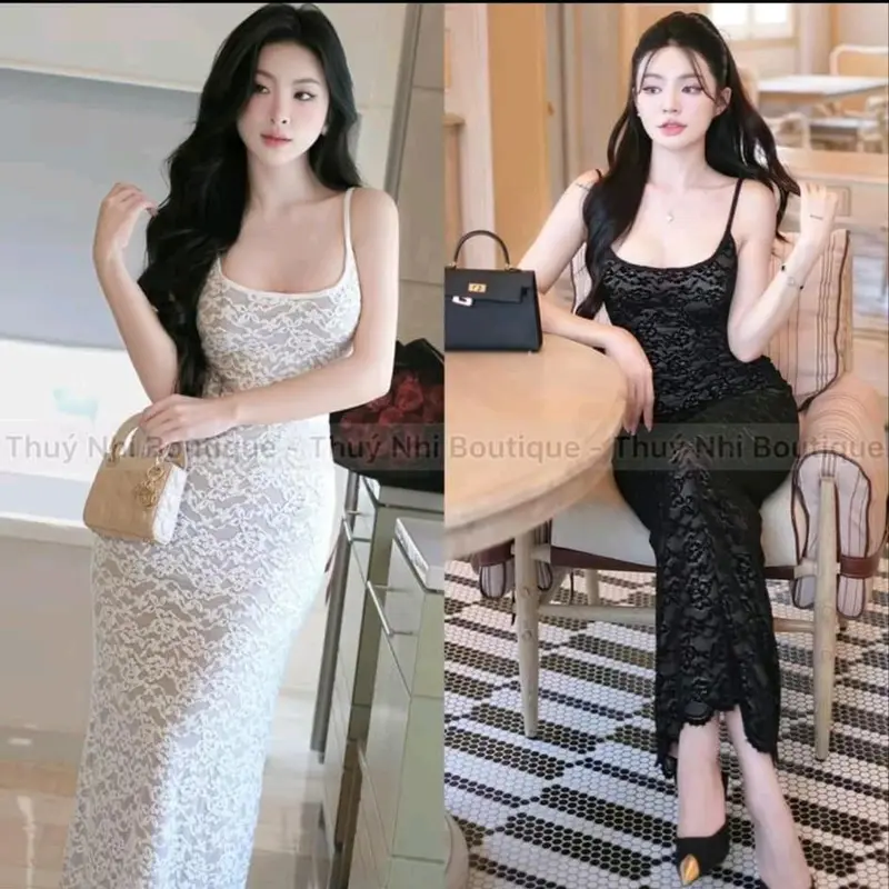 Váy ren nhung mịn 2 dây dáng dài , 2 lớp lót xịn nd 6