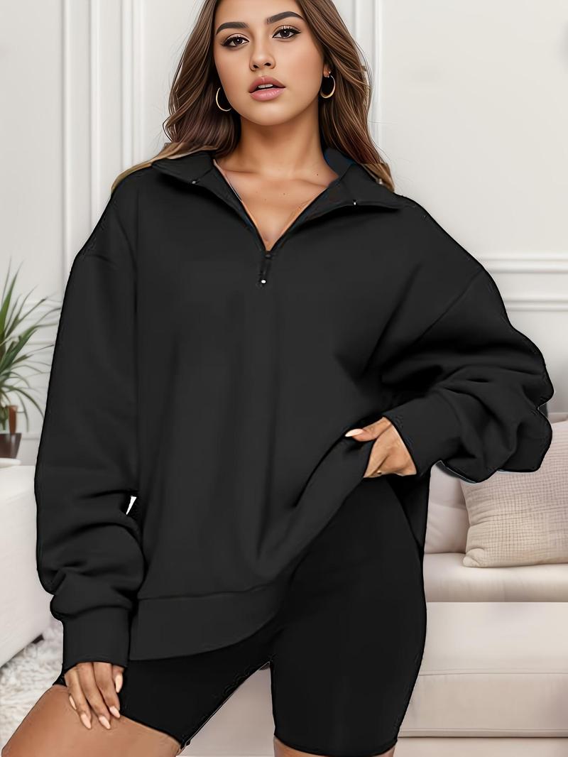 Product Introduction of Women's Plain Half Zip Stand Collar Sweatshirt, Clothes for Women, Casual Drop Shoulder Long Sleeve Pullover, Ladies Clothes for Daily Wear, Kawaii Clothing, Modest Gym Outfits, Posh Clothes Women, Tops for Women 12