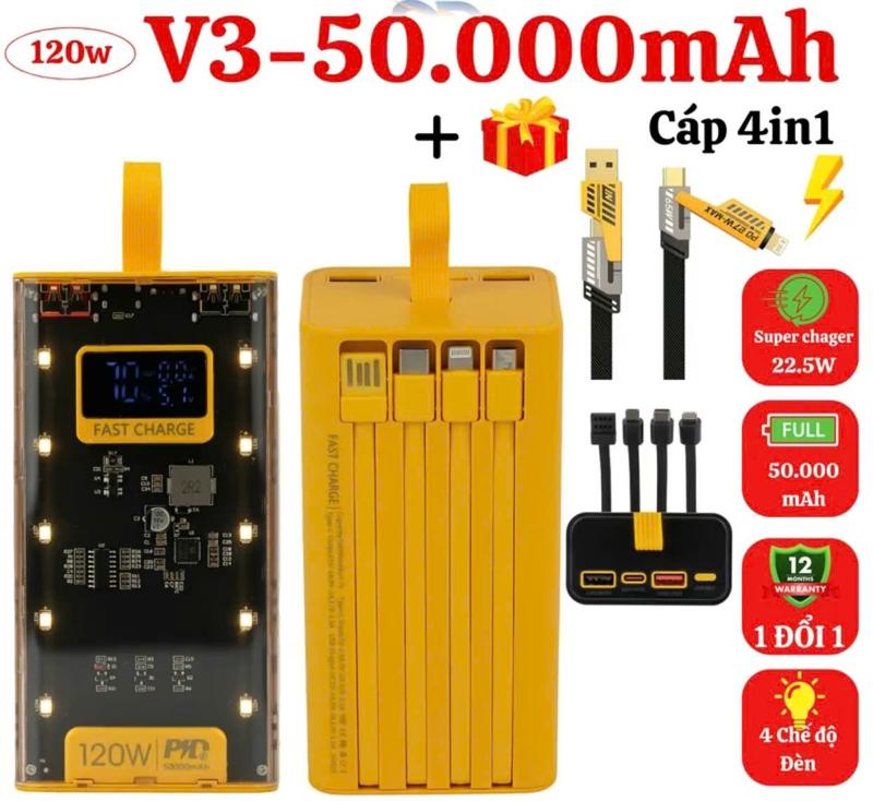 Pin Dự Phòng  50000mAh - Sạc Nhanh, 10 Đèn LED, 3 Cell Pin -  Tặng Cáp Sạc Nhanh 4 in 1