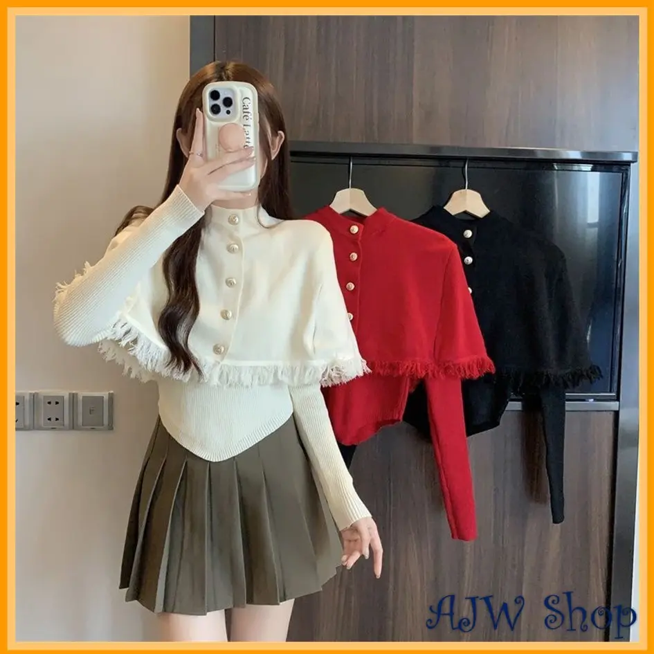Atasan Wanita Rumbai Dada Knit Premium Lengan Panjang WCD | Baju Wanita Rumbai Dada Korean Style | Atasan Rajut Wanita Rumbai Dada Knit Kekinian
