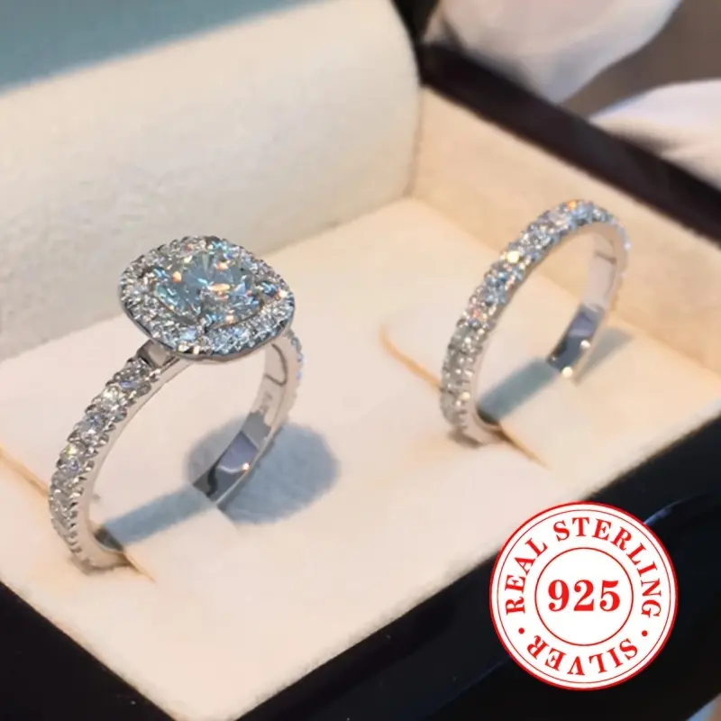 2pcs Women's Ring Set 4.9g S925 Pure Silvery Inlaid Zirconium Ring for Engagement and Wedding Jewelry Accessories 8