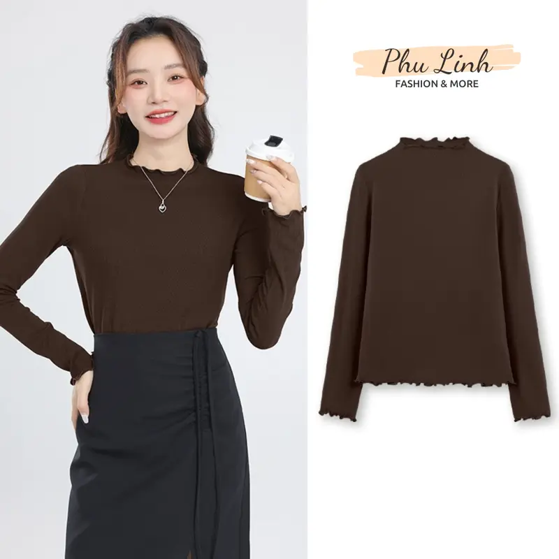 [SIZE XS-2XL] Ms145 Áo thun nữ cao cổ tròn giữ nhiệt BIGSIZE viền sóng Women Top 5