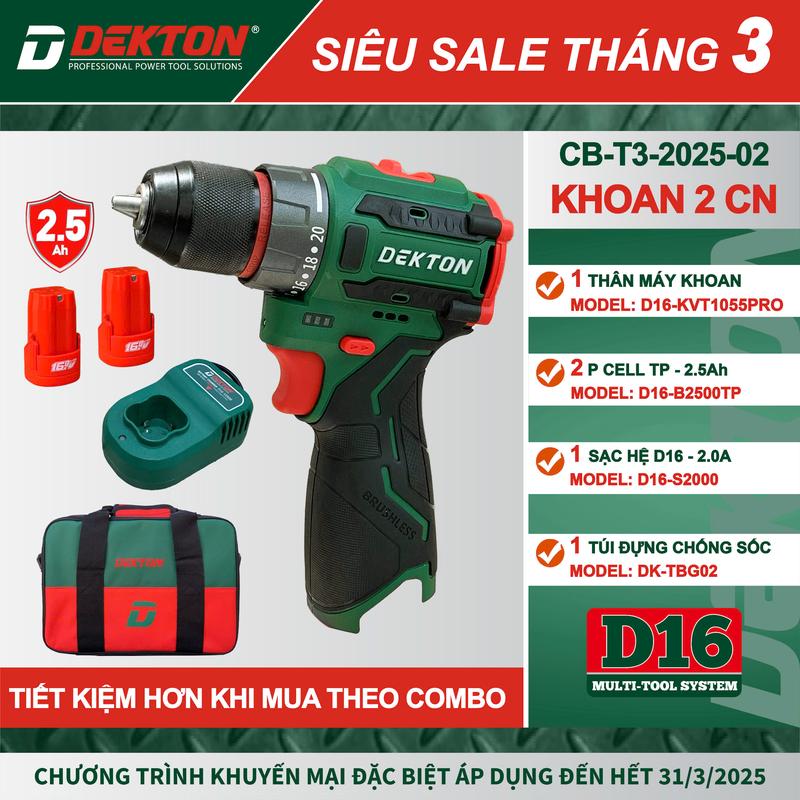 Máy Khoan Đầu Cặp 10MM Dekton / D16 - KVT1055PRO / Motor Brushless / 55Nm / Hệ Sinh Thái 16.8V Pin Thọt Dekton