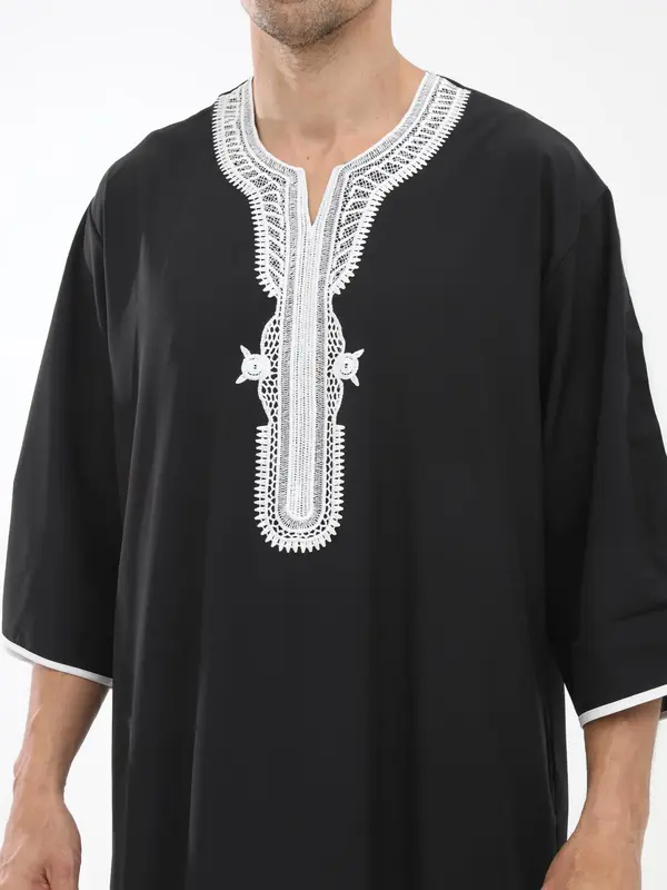 Men's Contrast Trim Robe, Loose Casual Comfy Muslim Clothing for Daily Wear, Men's Islamic Clothing for All Seasons 2