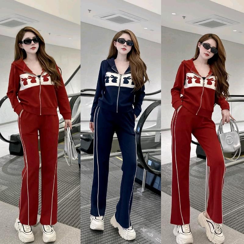 Sét Bộ 3 Món Thể Thao Chất Thun Tăm Lạnh Gồm Áo Khoác Hình Thỏ Có Nón Kèm Áo Ống Phối Quần Ống Rộng Viền Trắng RẺ ĐẸP Chạy Bộ Sport