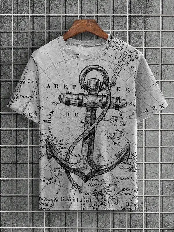 Men's Letter & Anchor Print Round Neck Tee, Summer Clothes Casual Regular Fit Short Sleeve T-Shirt for Summer, Mens Clothes for Daily Wear 7