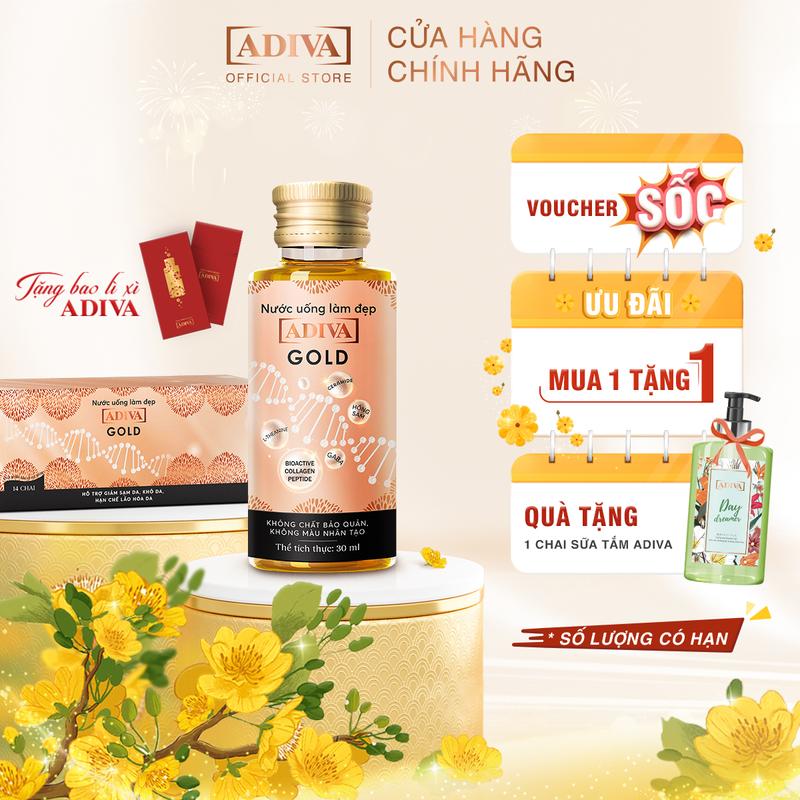 Nước Uống Làm Đẹp Gold Collagen Adiva 14 lọ hộp Tặng 1 Hộp Sữa Tắm Adiva Day Dreamer 400ml