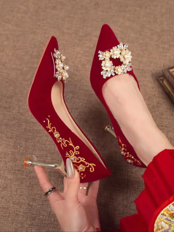Women's Fashionable Rhinestone & Faux Pearl Decorated Spool Heel & Low Heel Shoes, Elegant Pointed Toe Heel Shoes for Party, Daily Clothing Decor for Women & Girls 0