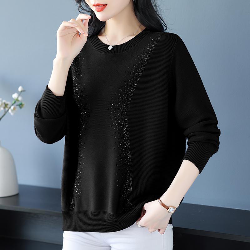 Knatwear women's round neck rhinestone sweater new fashion mom loose Western style knits long sleeve thin top crop 1