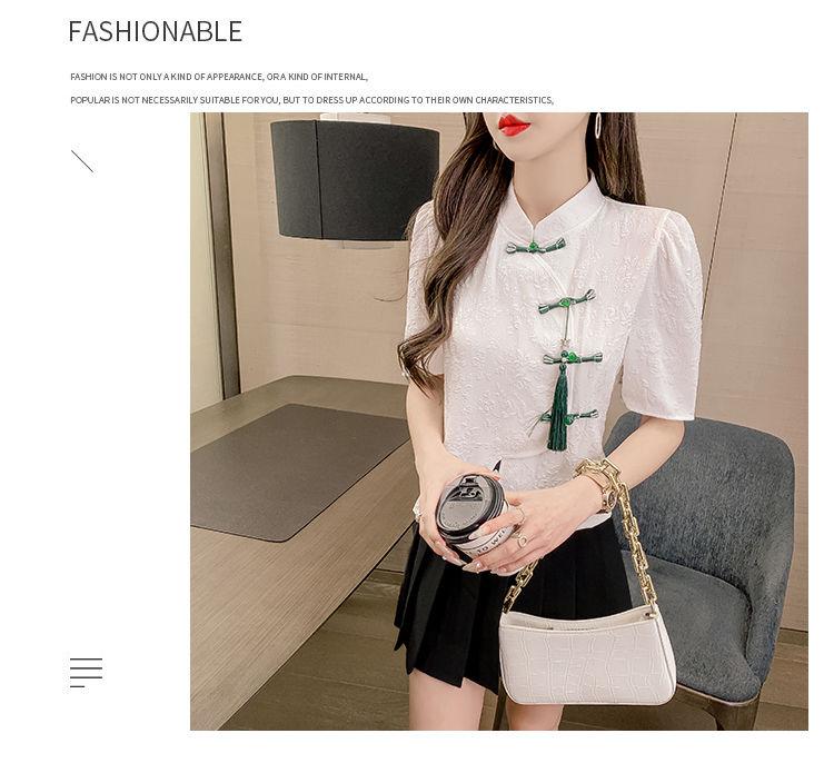 Product Introduction of Áo Sơ Mi Phong Cách Trung Quốc Hàng Mới Về, ngắn Tay Nữ, Bộ Sưu Tập Mùa Hè 2023, Thiết Kế Đẹp, Tay Phồng Độc Đáo Áo Có Nút Thắt Nút Trung Quốc Bất Đối Xứng 13