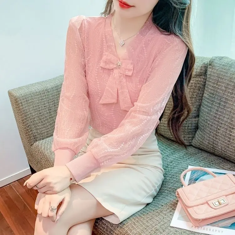 Áo Voan Phong Cách Hàn Quốc, Tay Áo Dài, Có Nơ, Cổ Chữ V, Dành Cho Nữ, Thiết Kế Gạc Nhìn Thanh Niên Dễ Thương, Tay Áo Dài Đèn Lồng, Độc Đáo Và Đẹp