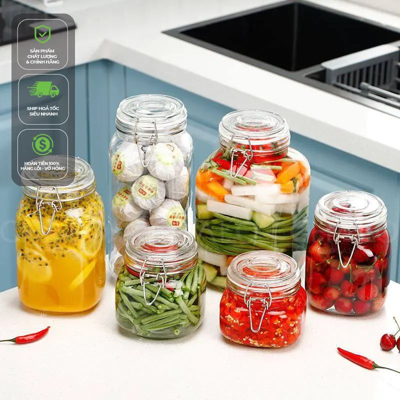 Hũ thủy tinh nắp cài kim loại dáng vuông 500-750-1000-1500-2000-3000-4800ml | HTQ01