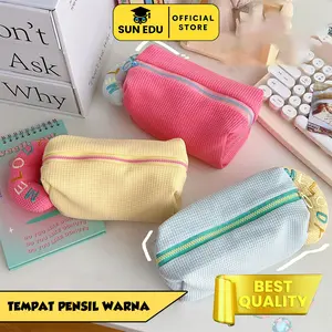 SUN EDU Makeup Travel Pouch Pastel Tempat Pensil Korean Cute Aesthetic Pouch Kosmetik Skincare Warna Pink Kuning Biru Ukuran 16.5 x 9 cm Best Quality