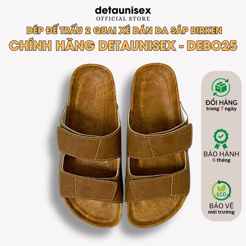 Dép đế trấu da sáp tái chế 2 quai xé dán ngang nam nữ Birken tiện dụng DETAUNISEX lót si - DEBO25ND Đế Bằng Quai Ngang DéP Nhung Caro Cao Su Sandal Nhung Caro Nhung Caro