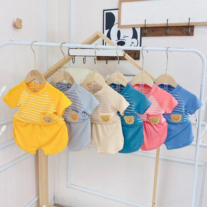 MK381 (6-25KG) Bộ áo cộc tay quần cộc vát phối túi thật cổ bo chất thun lạnh trơn phối sọc dệt cho bé dưới 6 tuổi Áo Thun choàng áo  choàng