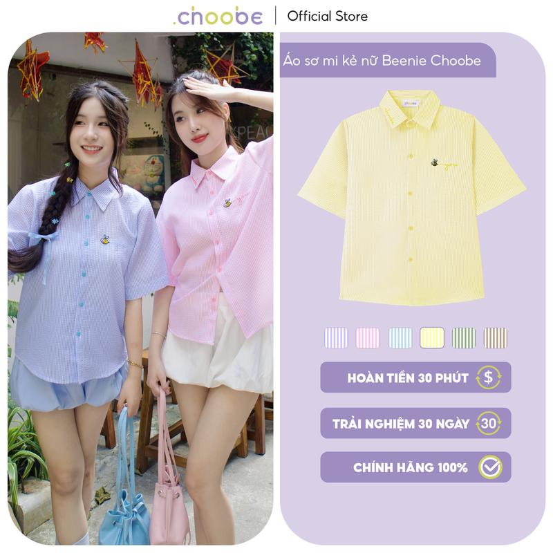 [ TẶNG ÁO 2 DÂY] Áo sơ mi nữ Beenie Choobe kẻ sọc oversize cộc tay form suông rộng khoác ngoài ASM18 Top Women