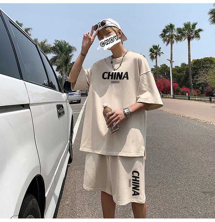 Product Introduction of Summer New Trendy Hong Kong Style Simple Letter Printing Leisure Sports Suit Green Student Short Sleeve Shorts Two Pieces Suit Menswear Overalls Lingerie Formal 21