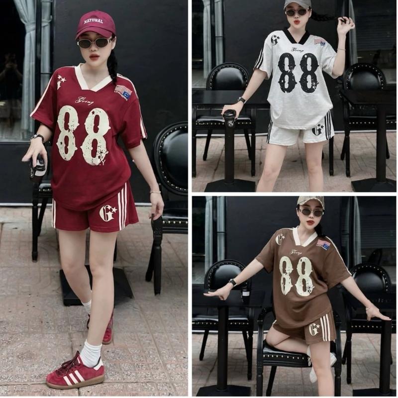 Set bộ đùi mặc nhà cho nữ chất cotton su mềm mỏng size dưới 65kg quần đùi áo phông rộng in 88 Women Voi đồ ngủ dobo tay