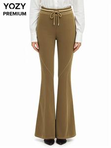 YOZY Women's Plain Drawstring Waist Flare Leg Velvet Pants, Casual Pocket Bell Bottom Trousers for Spring & Fall, Women's Bottoms for Daily Wear