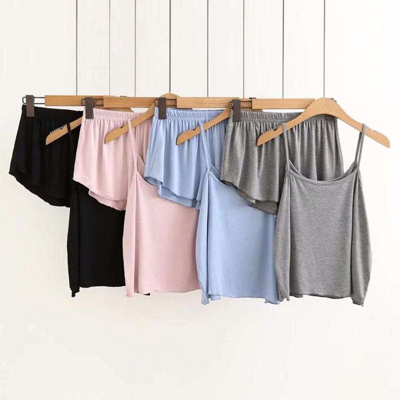 Đồ bộ nữ mặc nhà đồ ngủ mùa hè 2 dây trơn vải thun cotton co dãn 4 chiều kiểu dáng sexy Nhã Dung Store 2 dưới 70kg áo hai dây nữ đồ ngủ Women Top Quần Ngủ Cổ Tròn