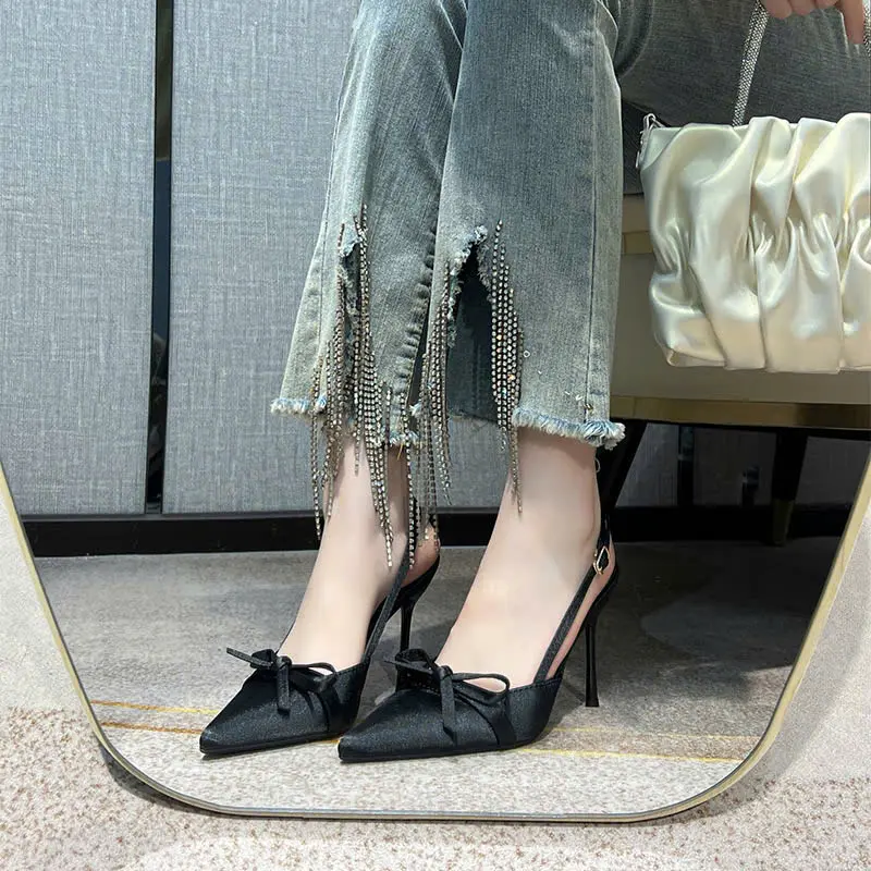 Giày cao gót nữ quai lụa đính nơ tiểu thư trẻ trung khóa cài 3 nấc gót cao 9cm mã L11 Shoes Có Quai  Cao Su DéP Sandal giay cao got call