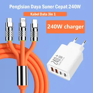 Kabel Data 3-in-1 240W Fast Charging Kabel Type-C Micro USB & iPhone LED Silicone Untuk Samsung Huawei Xiaomi Pengisian Cepat Aman Anti Tarik