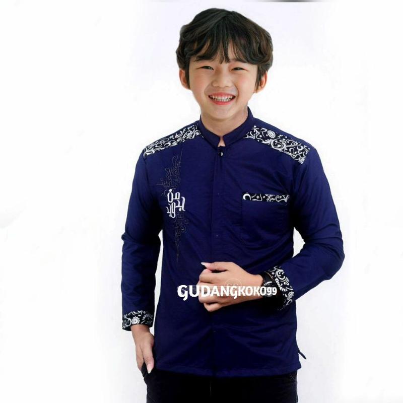 baju koko anak bordil terbaru koko majjada katun batik  kombinasi  bordir Muslim Panjang Nyaman Turki Peci baju koko 14–17  Navy Lebaran Hitam 4