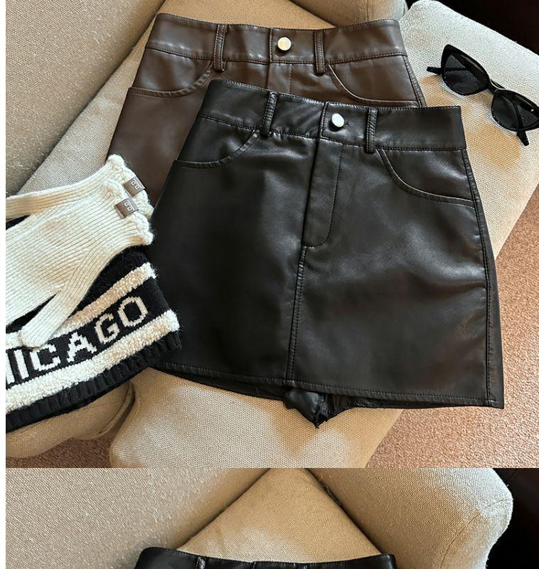 Product Introduction of Hot girl PU leather A- line skirt WOMEN'S clothing 2025 new plump girls plus size high waist slim sheath brown skirt 3