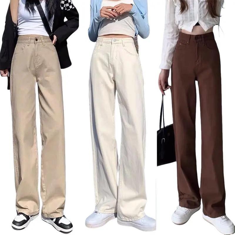 Quần Kaki Jean Trơn Màu Trắng Nữ Ống Rộng Dáng Suông Women Ong