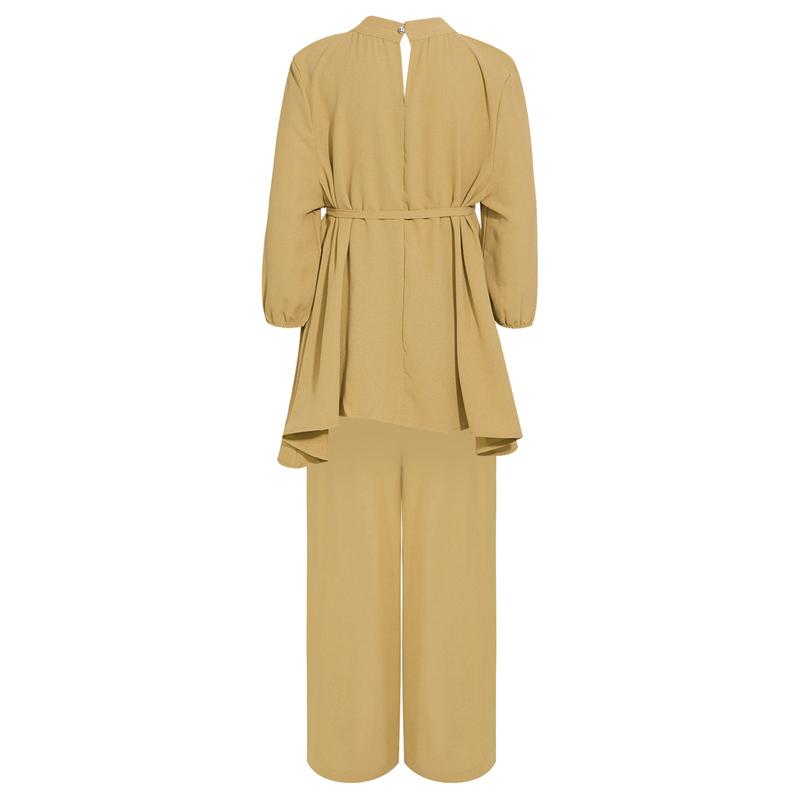 Sholeno Kids Girls Casual Muslim Outfit Round Neck Long Sleeve Loose Ruffled Top with Wide-Leg Pants Belt 7